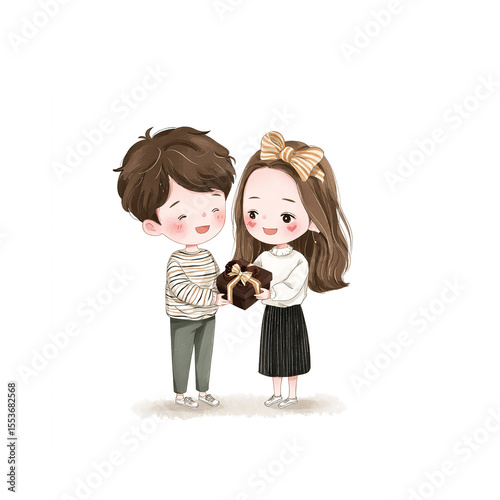 Cute cartoon couple giving gift illustration for valentine's day or birthday present concept art design on transparent background