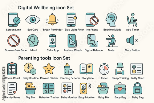 Digital wellbeing and parenting tools icon set featuring technology and care symbols