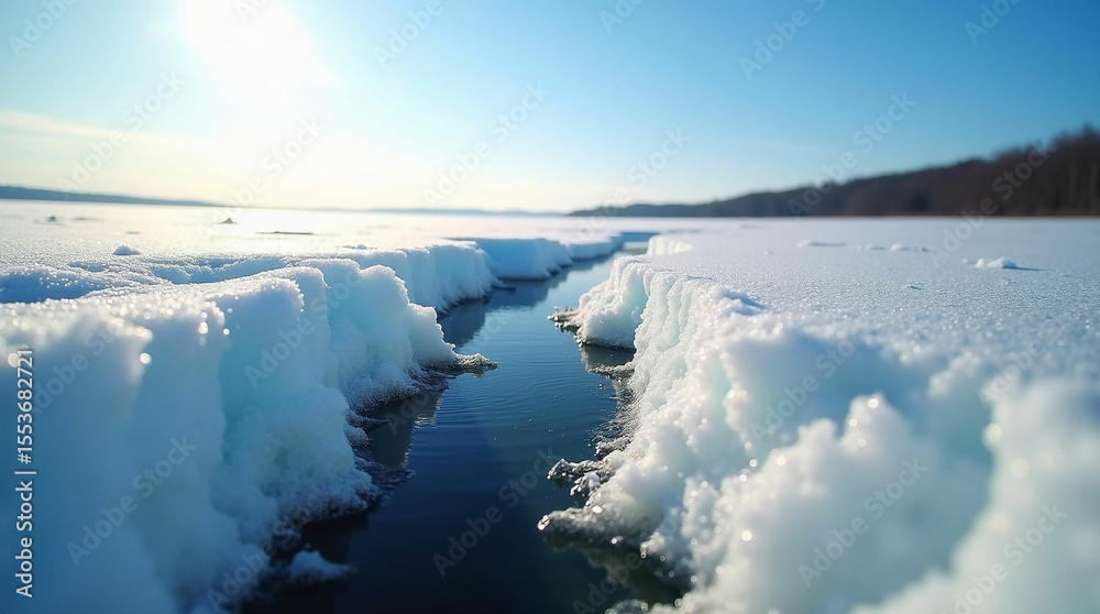 Obraz premium A beautiful landscape view of a frozen lake with a large crack in the middle, showing the cold water beneath
