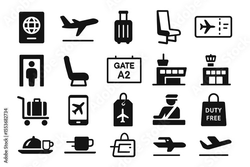 Black icons illustrating airport journey with flights, seating, and security