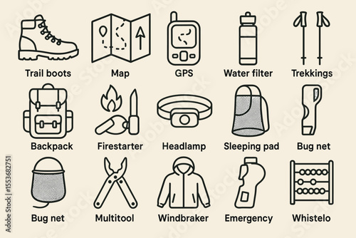 Essential camping gear icons: boots, gps, water filter, trekking poles, backpack