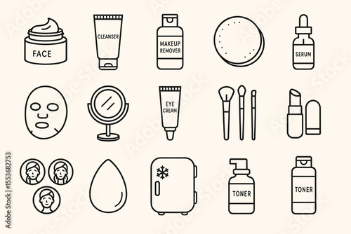 Essential skincare products and tools outline icons collection