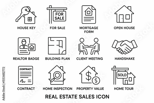 Real estate icons: house key, for sale, mortgage, open house, contract, inspection
