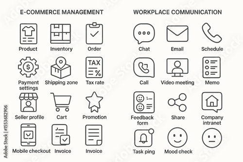 E-commerce and workplace communication icons for effective business management
