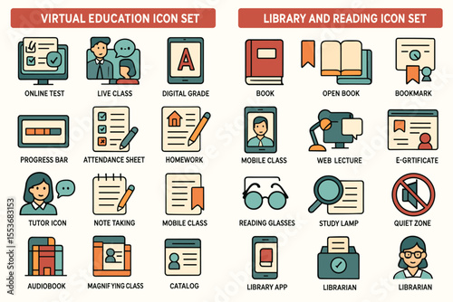 Virtual education and library icon set featuring digital tools and learning resources