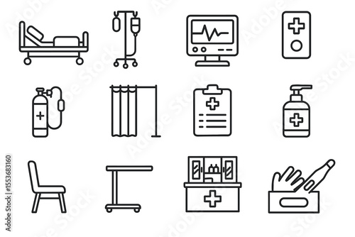 Hospital equipment icons: bed, iv stand, monitor, medicine, and more