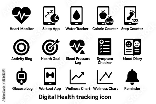 Digital health tracking icons: monitor, track, log, and analyze wellness metrics