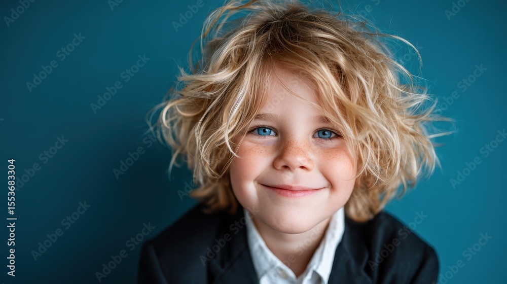 Portrait of a cheerful boy with tousled blonde hair and bright blue eyes, radiating joy and innocence against a captivating blue backdrop that enhances his playful spirit. Portrait of a cheerful boy with tousled blonde hair and bright blue eyes, radiating joy and innocence against a captivating blue backdrop that enhances his playful spirit.
