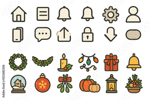 Festive holiday icon set: bells, wreaths, gifts, and more with rustic colors