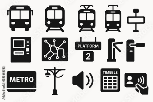 Public transportation icons: bus, tram, metro, ticket machine, and more