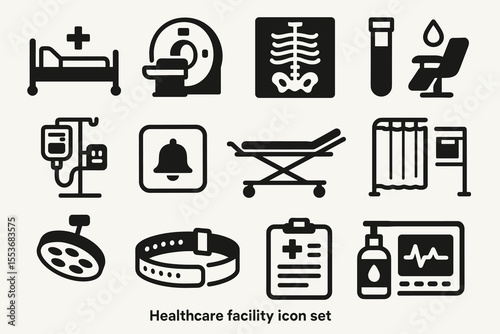 Medical icons: hospital bed, mri scanner, x-ray, blood test, iv drip, emergency bell, stretcher, privacy screen