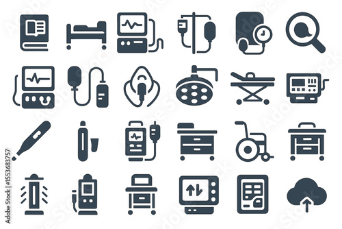 Medical equipment icons: bed, monitor, wheelchair, thermometer, ventilator, scan, stretcher