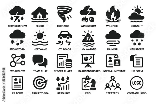 Weather and business icons set including natural disasters and workflow elements