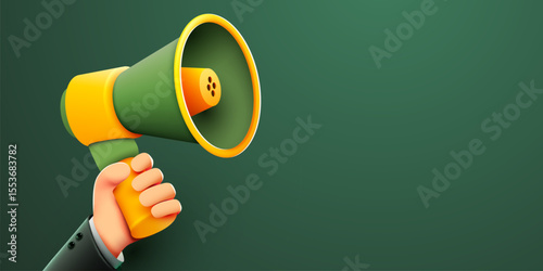 3d hand holding megaphone speaker or loudspeaker bullhorn for announce. Social media promotion