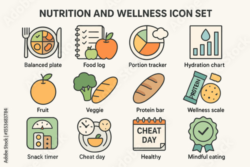 Nutrition and wellness icon set featuring balanced plate and portion tracker