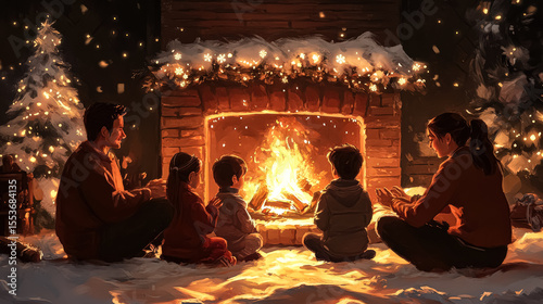 Family of four sits around a fireplace, with a man and a woman in the foreground and two children in the background. Scene is warm and cozy