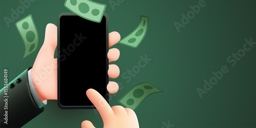 3D hand holding smartphone with flying banknotes. Get your money. Online earnings.