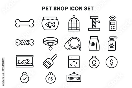 Pet shop icon set: bone, fishbowl, cage, scratching post, remote, toy, collar, leash, food bag, soap