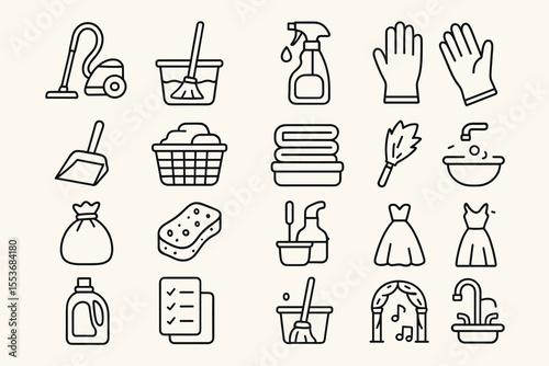 Household cleaning and laundry line art icons set