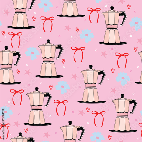 Seamless vector pink coffee pattern with moka pots, flowers, bows, and hearts. Cute girly breakfast background.