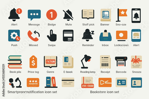 Smartphone and bookstore icon set featuring alerts, messages, and notifications