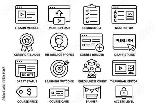 Online learning icons set with education features and tools