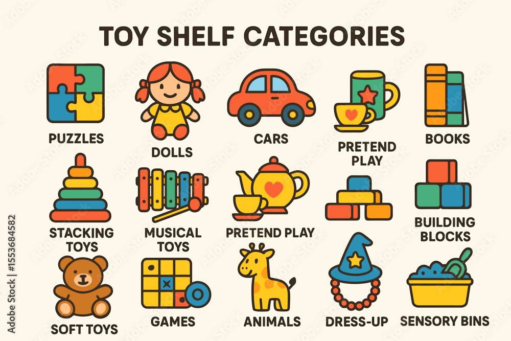 Fototapeta premium Toy shelf categories: puzzles, dolls, cars, pretend play, books, and more