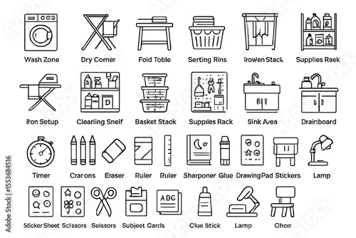 Line icons of household supplies and furniture on gray background