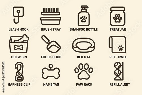 Pet care icons: leash hook, shampoo bottle, treat jar, chew bin, paw rack