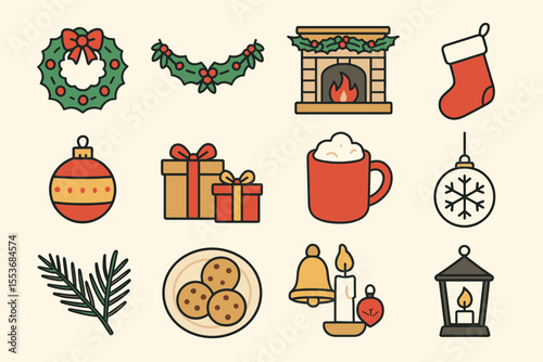 Festive christmas icons: wreath, fireplace, stocking, gifts, cookies, bells