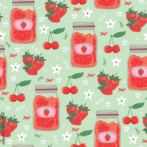 Seamless vector cute pattern with strawberry jam, cherries, bows, and flowers. Pastel girly fruity background.