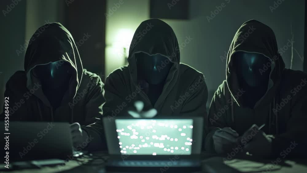Hooded figures in shadows engaged in hacking activities at night, Three hooded figures, masked and in shadows, hacking computer systems