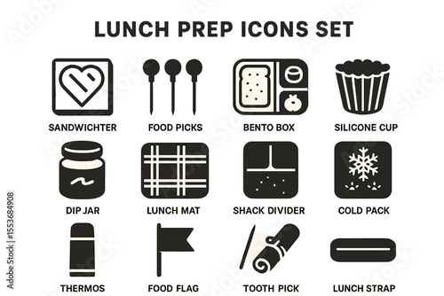 Lunch prep icons set featuring bento box, thermos, food picks, and more