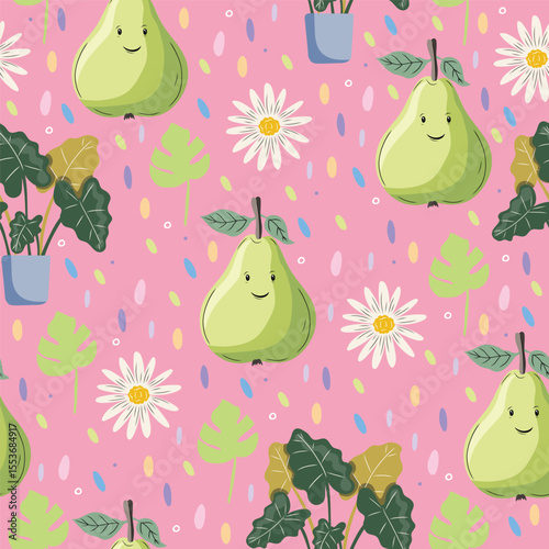 Seamless vector pastel pattern with pears, monstera leaves, daisies, and confetti. Cute fruity botanical background.