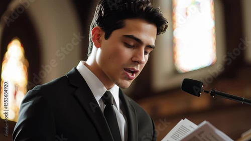 Young man delivers a powerful sermon from the pulpit in a church setting, Young man in black suit preaching in church at pulpit with bible