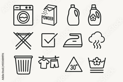 Laundry icons: washer, detergent, iron, steaming, washing symbols