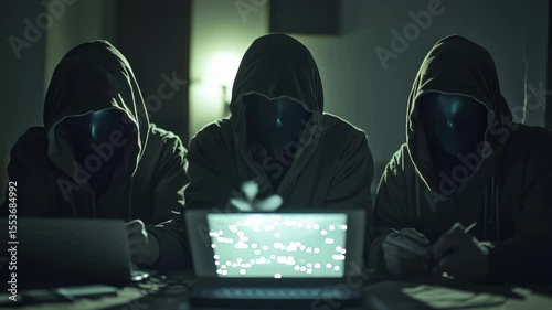 Hooded figures in shadows engaged in hacking activities at night, Three hooded figures, masked and in shadows, hacking computer systems