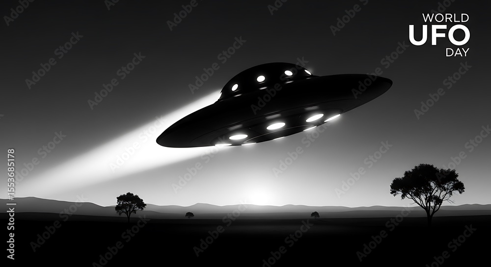 Fototapeta premium Unidentified Flying Object Stealthily Glides Through Dusk Sky Observing Remote Landscape Below