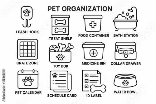 Pet organization icons: leash hook, treat shelf, food container, bath station, crate zone, toy box, medicine bin, collar drawer, pet calendar, schedule card, id label, water bowl