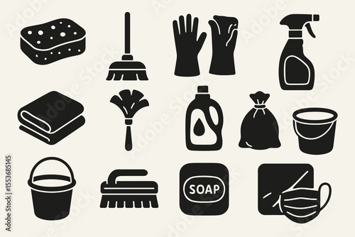 Cleaning supplies icons: sponge, mop, gloves, spray bottle, soap, bucket, brush, duster