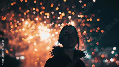 Watching a vibrant fireworks display at night with bright colors in the sky, Person watching fireworks display at night with bright explosive lights in background