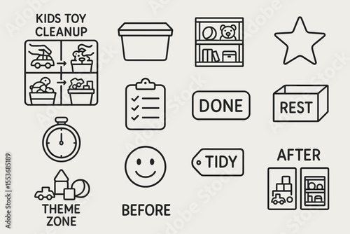 Kids toy cleanup instructions and storage organization tips with icons