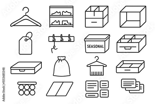 Storage and organization icons: hangers, boxes, labels, and hooks collection