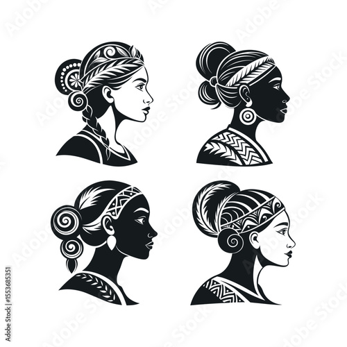 A silhouette vector set of Maori womans profile