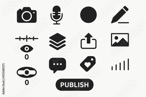 Media and interface icons: camera, microphone, upload, publish