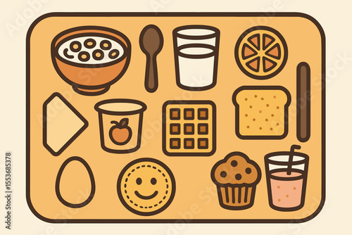 Illustrated breakfast tray with cereal, juice, and toast elements