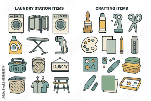 Laundry and crafting items collection: washers, brushes, and scissors