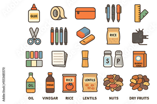 Colorful icons of stationery and pantry items including glue, spices, and dry fruits