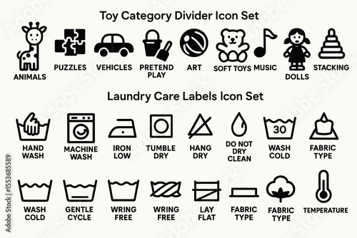Toy and laundry icon set featuring washing symbols and play categories