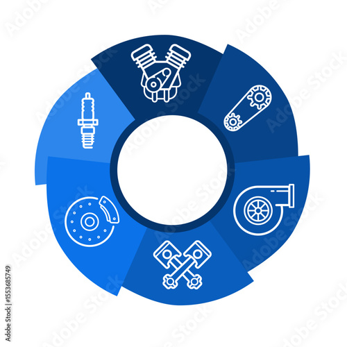 car service and repair – automotive infographic wheel with engine, brake disc, spark plug, timing system, belt, pistons, turbo – vector illustration